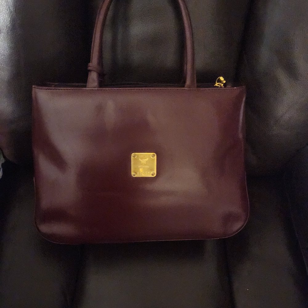 MCM Burgundy Leather Satchel with Gold Accents